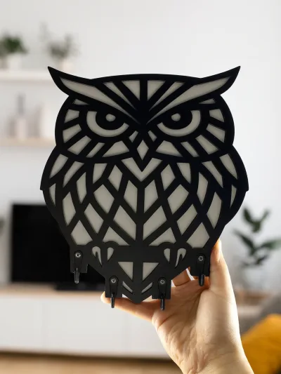 Siyah lazer kesim MDF baykuş figürlü duvar anahtarlığı, 4 kancalı dekoratif askı