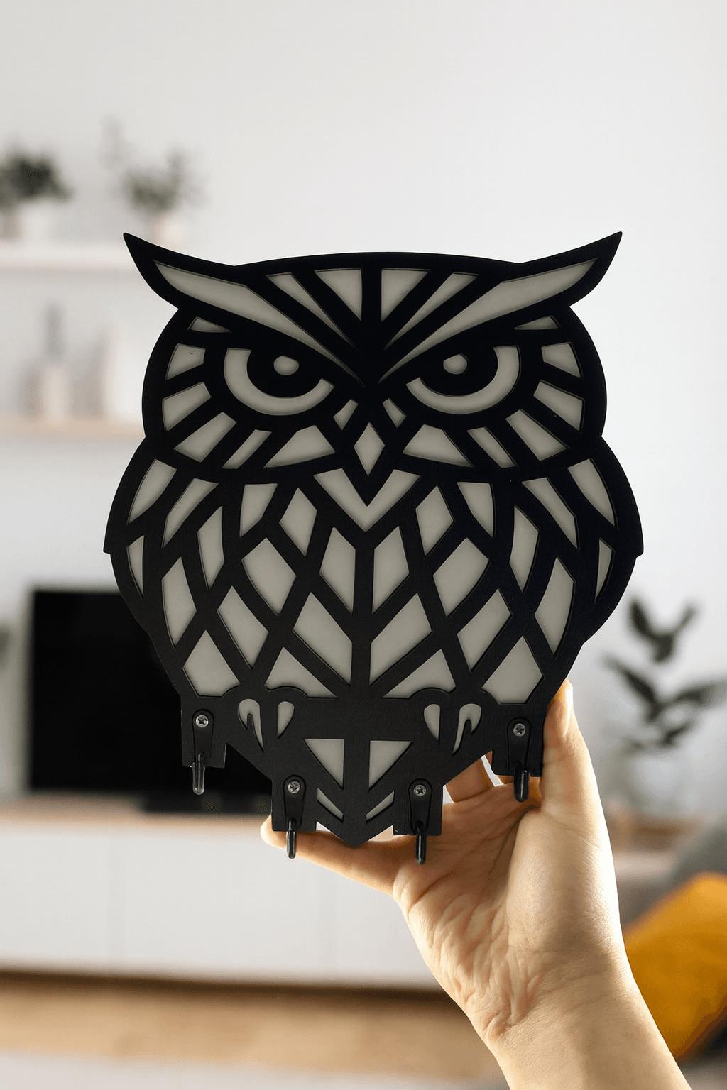 Siyah lazer kesim MDF baykuş figürlü duvar anahtarlığı, 4 kancalı dekoratif askı