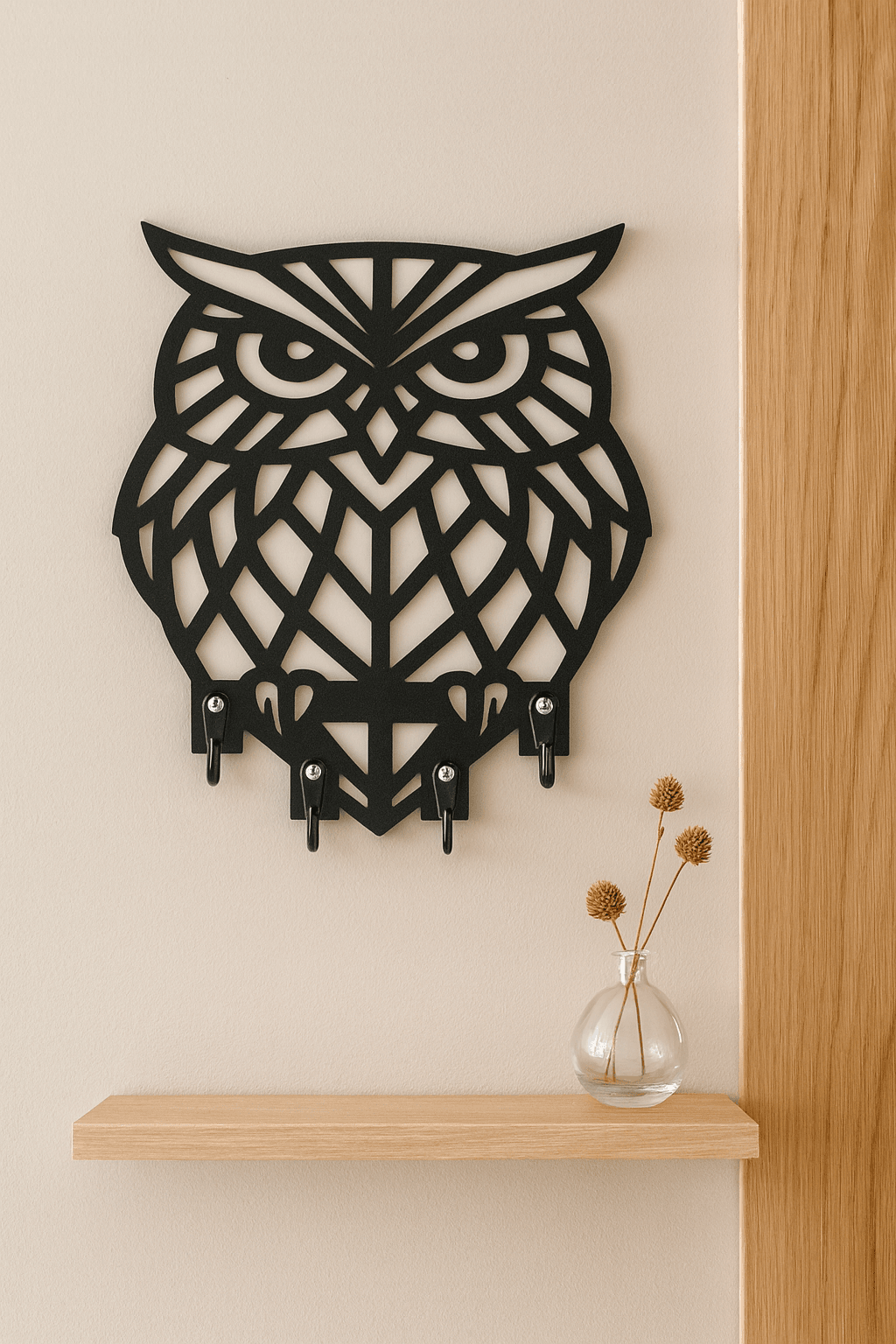 Duvara monte siyah MDF baykuş anahtarlık askısı, ahşap raf ve cam vazolu dekor ile modern giriş alanı