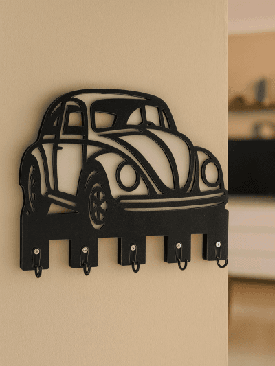 Siyah vosvos araba figürlü ahşap duvar anahtarlık askısı, lazer kesim detaylı çok kancalı dekoratif anahtar tutucu