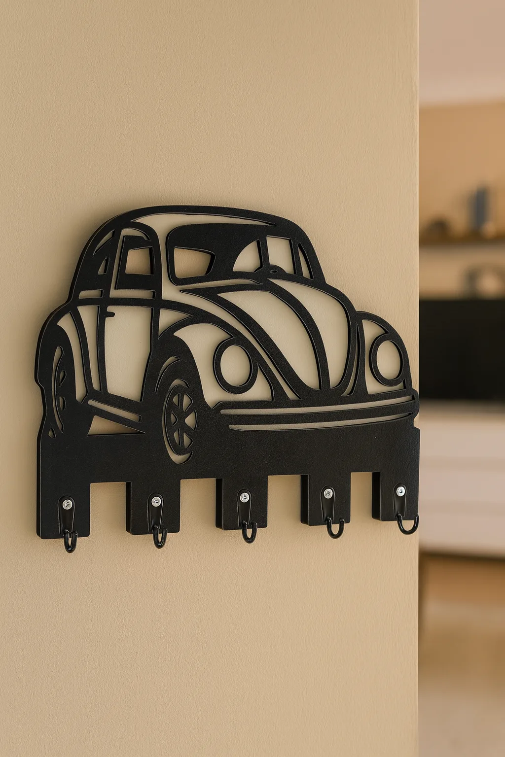 Siyah vosvos araba figürlü ahşap duvar anahtarlık askısı, lazer kesim detaylı çok kancalı dekoratif anahtar tutucu