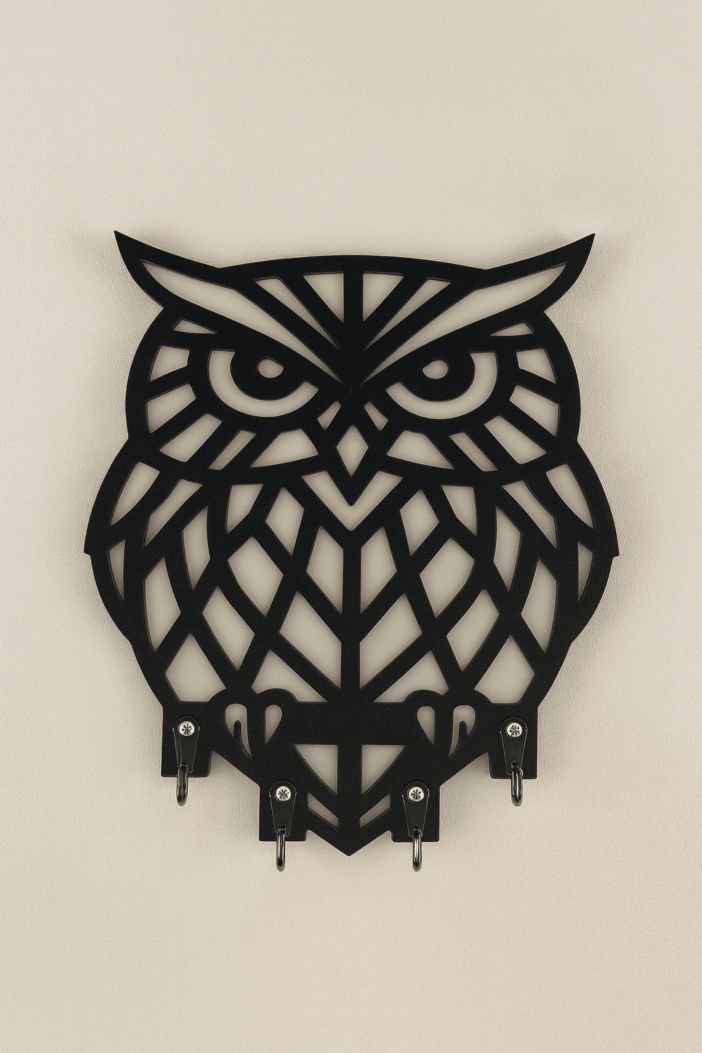 Siyah MDF baykuş figürlü duvar anahtarlığı, lazer kesim desenli ve çoklu kancalı askı