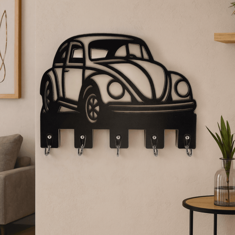 Vosvos Figürlü Duvar Anahtarlık Askısı 2 Bej duvara monte edilmiş siyah vosvos araba figürlü ahşap anahtarlık askısı, çok kancalı dekoratif anahtar düzenleyici