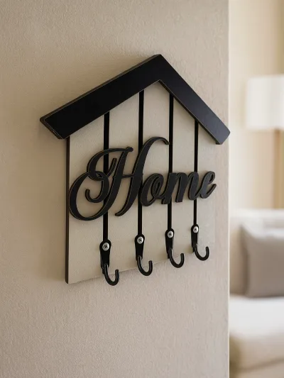 Siyah Beyaz MDF Home yazı tasarımlı duvara monte anahtar askılığı, çoklu kancalı dekoratif organizer