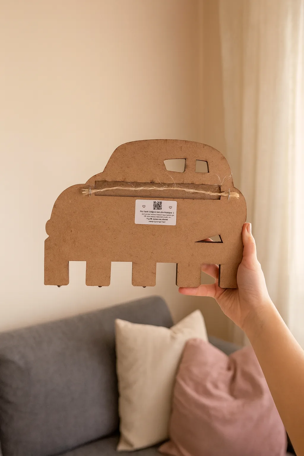 Vosvos araba figürlü ahşap anahtarlık askısının arka yüzü, MDF malzeme ve ipli duvar montaj detayı