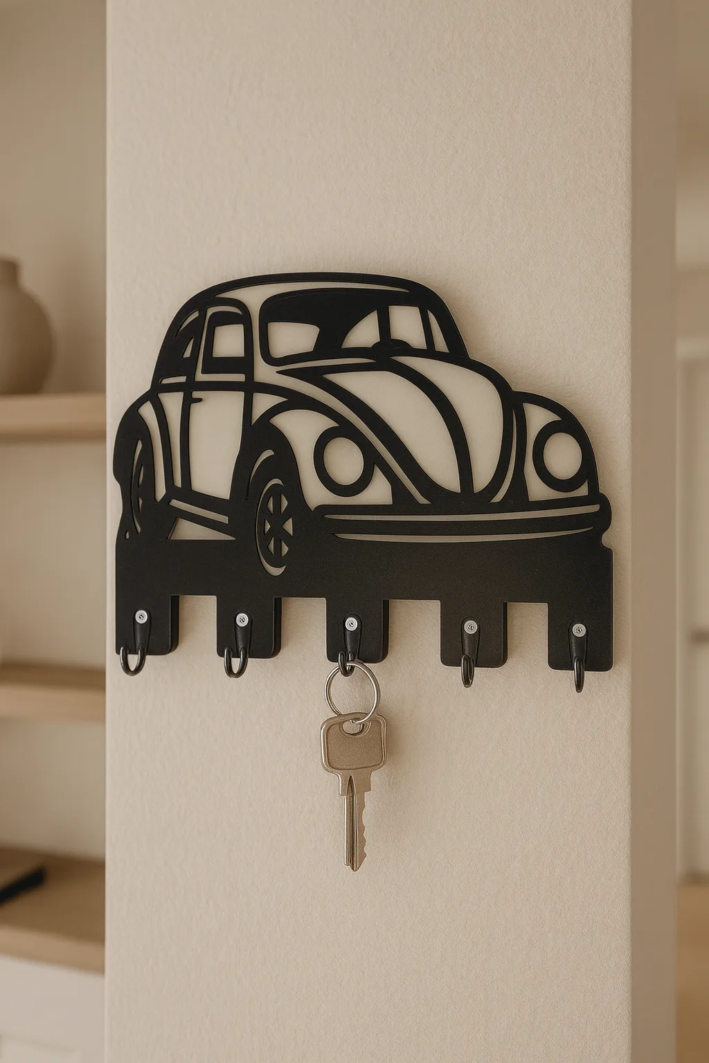 Klasik vosvos araba figürlü siyah ahşap duvar anahtarlık askısı, çok kancalı dekoratif anahtar tutucu ve giriş düzenleyici