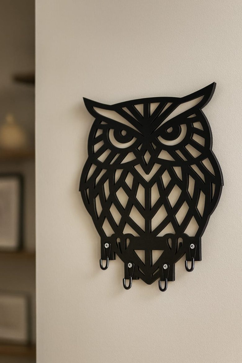Siyah lazer kesim MDF baykuş duvar askılığı, 4 kancalı dekoratif anahtar askısı