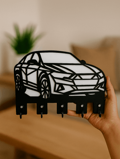 Araba figürlü siyah MDF duvar anahtarlık askısı, çok kancalı dekoratif anahtar ve aksesuar düzenleyici