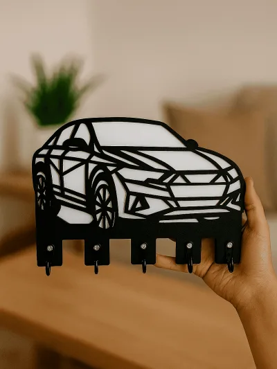 Araba figürlü siyah MDF duvar anahtarlık askısı, çok kancalı dekoratif anahtar ve aksesuar düzenleyici