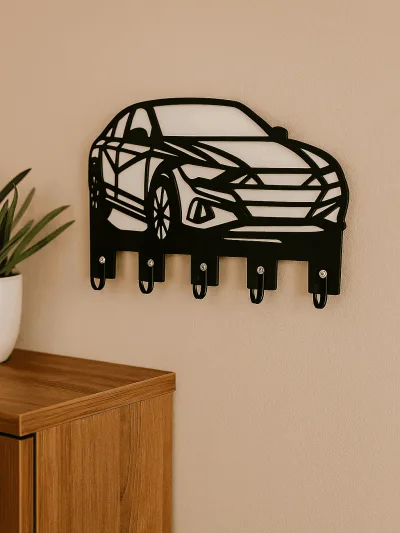 Duvara monte edilmiş araba figürlü siyah MDF anahtarlık askısı, çok kancalı dekoratif duvar düzenleyici