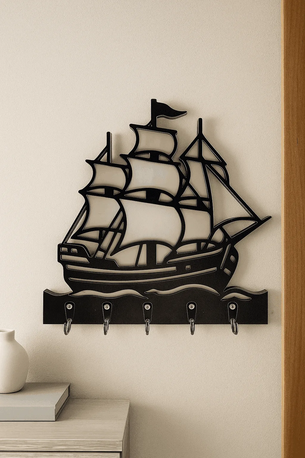 Gemi Figürlü Duvar Anahtarlık Askısı 3 MDF yelkenli gemi temalı siyah duvar askısı, 5 kancalı dekoratif anahtar tutucu
