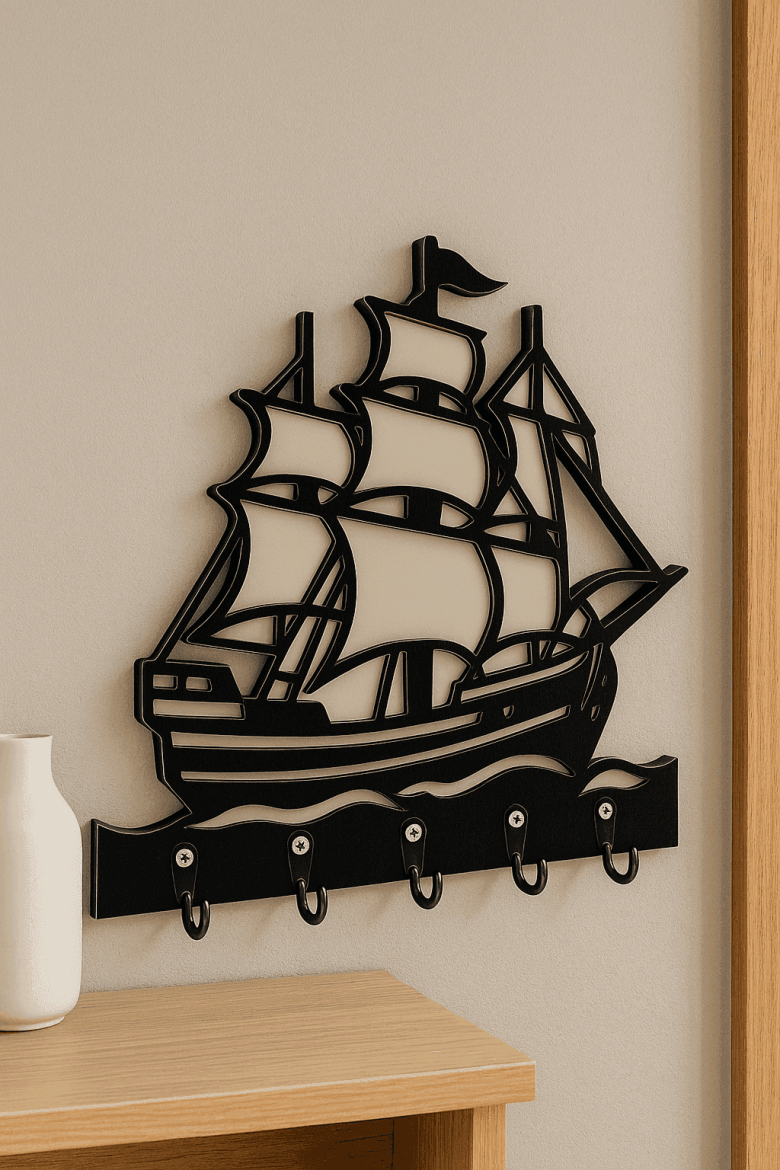 Lazer kesim MDF yelkenli gemi anahtar askısı, 5 kancalı siyah dekoratif duvar organizeri