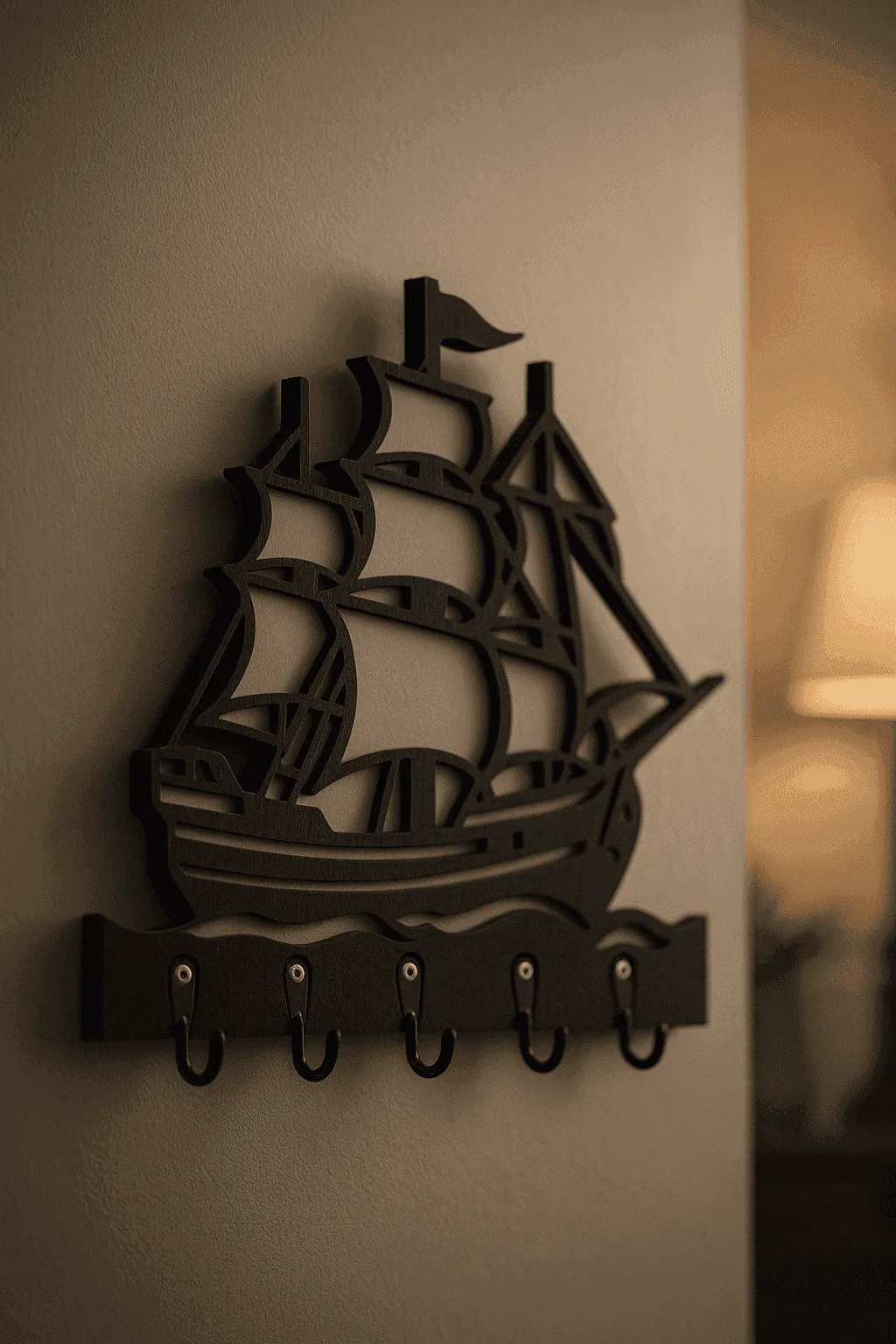 Gemi Figürlü Duvar Anahtarlık Askısı 5 Siyah MDF yelkenli gemi duvar askılığı, 5 kancalı anahtar ve aksesuar askısı