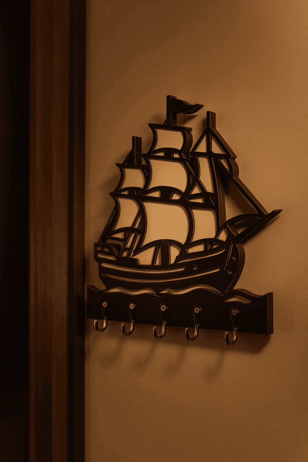 Gemi Figürlü Duvar Anahtarlık Askısı 6 Duvara monte edilmiş siyah MDF yelkenli gemi temalı anahtar askısı, 5 kancalı dekoratif duvar askılığı