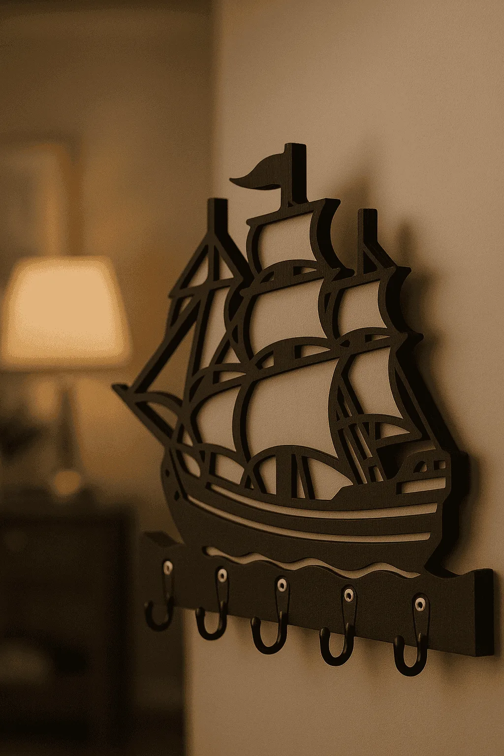 Gemi Figürlü Duvar Anahtarlık Askısı 8 Siyah boyalı MDF yelkenli gemi figürlü duvar anahtarlığı, çok kancalı dekoratif askı