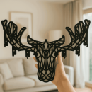 Schwarzer MDF-Schlüsselanhänger mit handgehaltener dimensionaler geometrischer Hirschfigur, geschichtetem Körper und mehrfachen Hakendetails