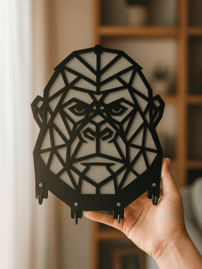 Elde tutulan siyah beyaz geometrik goril figürlü MDF anahtarlık askısı, katmanlı tasarım ve metal kanca detayı