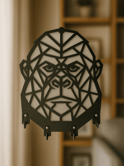 siyah beyaz tonlarda geometrik goril tasarımlı MDF anahtar askılığı, çok kancalı düzenleyici aparat