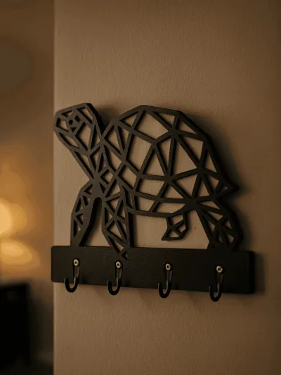 Duvara monte edilmiş siyah kaplumbağa figürlü dekoratif anahtar askısı, çok kancalı modern giriş organizeri