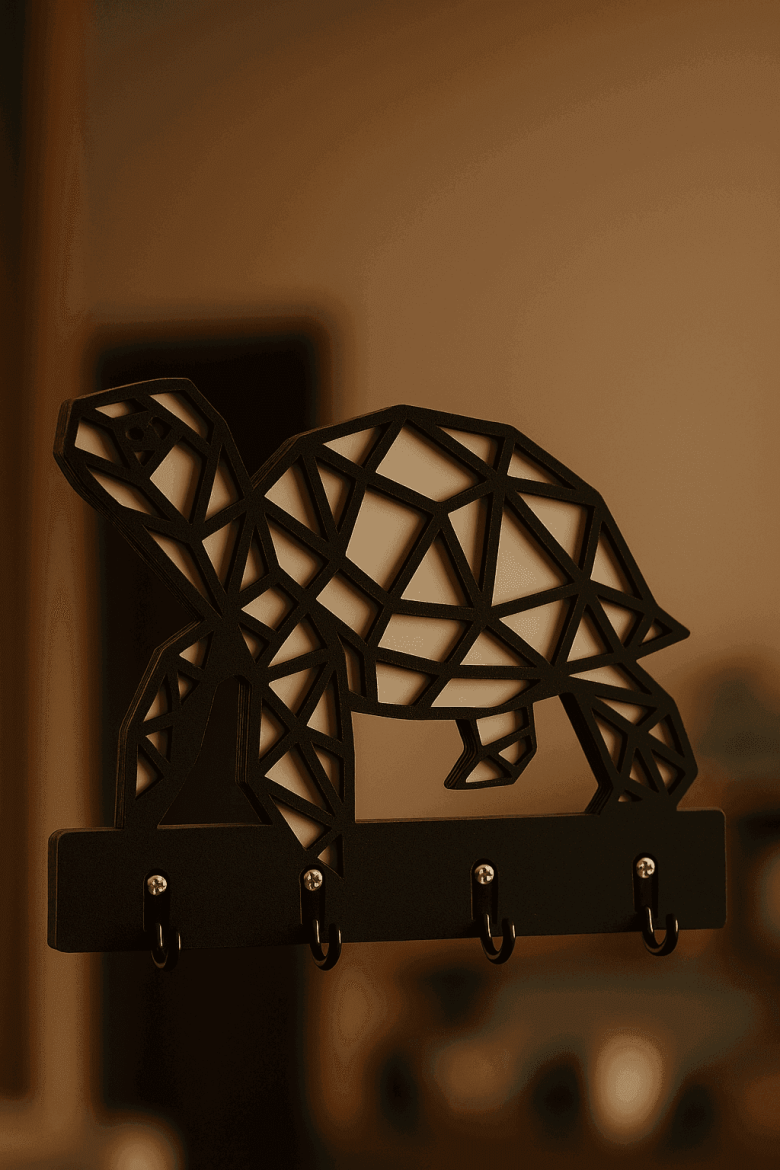 Siyah geometrik kaplumbağa tasarımlı ahşap duvar askısı, 4 kancalı anahtar ve aksesuar düzenleyici dekor ürün