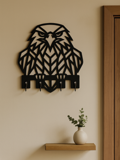 Kapı yanında duvara asılmış siyah geometrik kartal figürlü ahşap anahtarlık askısı, modern dekoratif çoklu kancalı anahtar düzenleyici