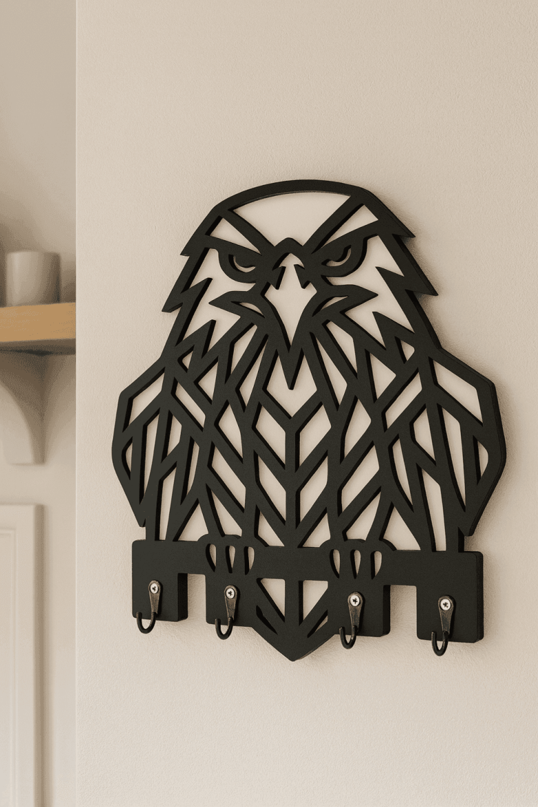 Açık renk duvara monte edilmiş siyah geometrik kartal figürlü ahşap anahtarlık askısı, modern dekoratif çoklu kancalı anahtar tutucu