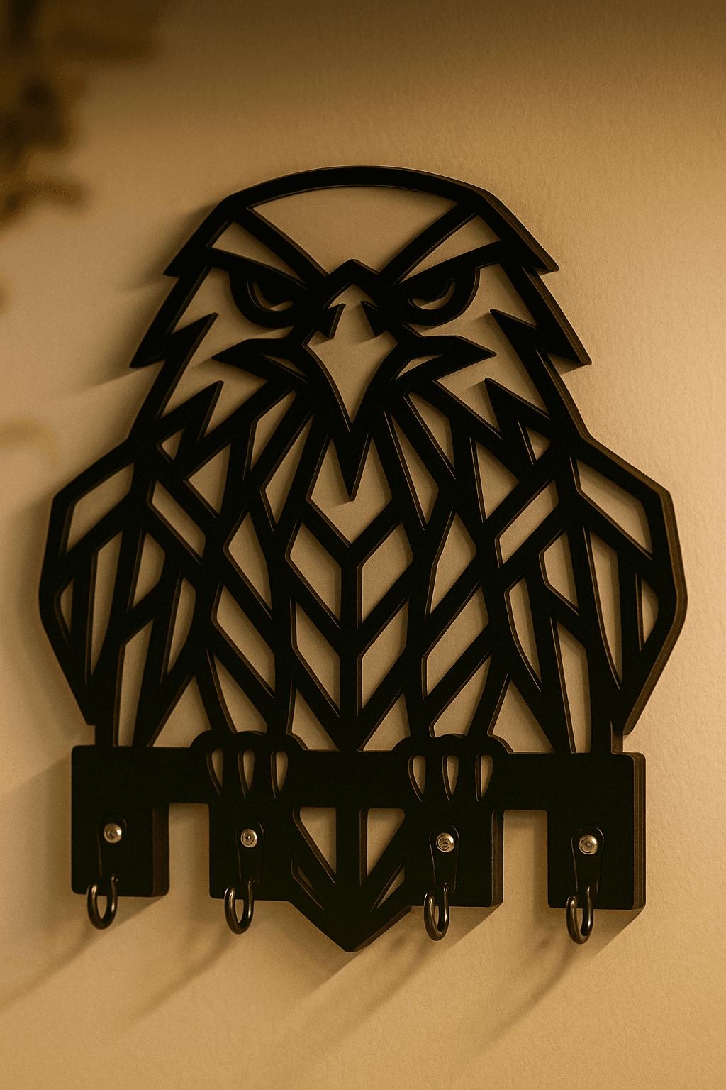 Duvara monte siyah geometrik kartal figürlü ahşap anahtarlık askısı, lazer kesim detaylı dekoratif çok kancalı anahtar tutucu