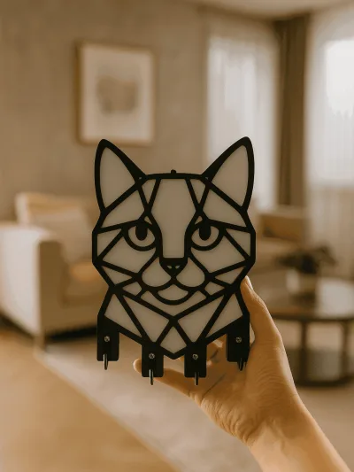 Elde tutulan siyah beyaz kedi figürlü MDF anahtarlık askısı, lazer kesim kompakt ve çok kancalı dekoratif organizer
