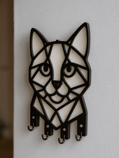 Siyah beyaz tonlarda kedi figürü bulunan MDF duvar askılığı, anahtar ve küçük eşyalar için çok kancalı tutucu