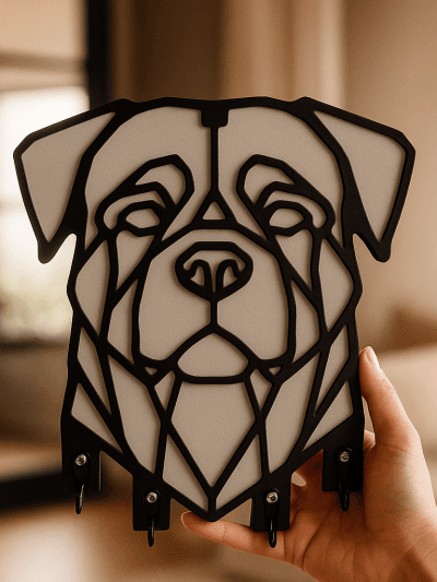 Elde tutulan siyah beyaz katmanlı Rottweiler figürlü boyutlu MDF anahtarlık askısı, alt kısmında çoklu kancalar bulunan dekoratif organizer
