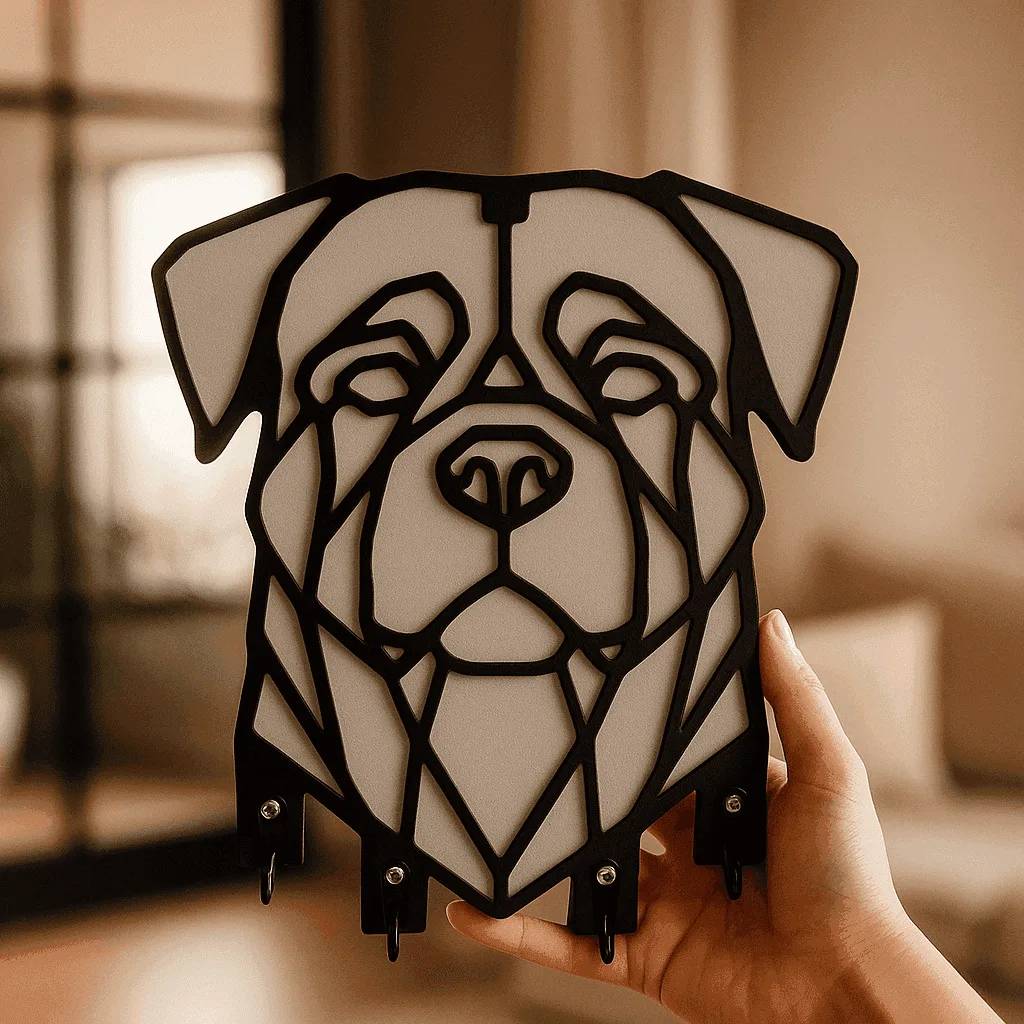 Elde tutulan siyah beyaz katmanlı Rottweiler figürlü boyutlu MDF anahtarlık askısı, alt kısmında çoklu kancalar bulunan dekoratif organizer