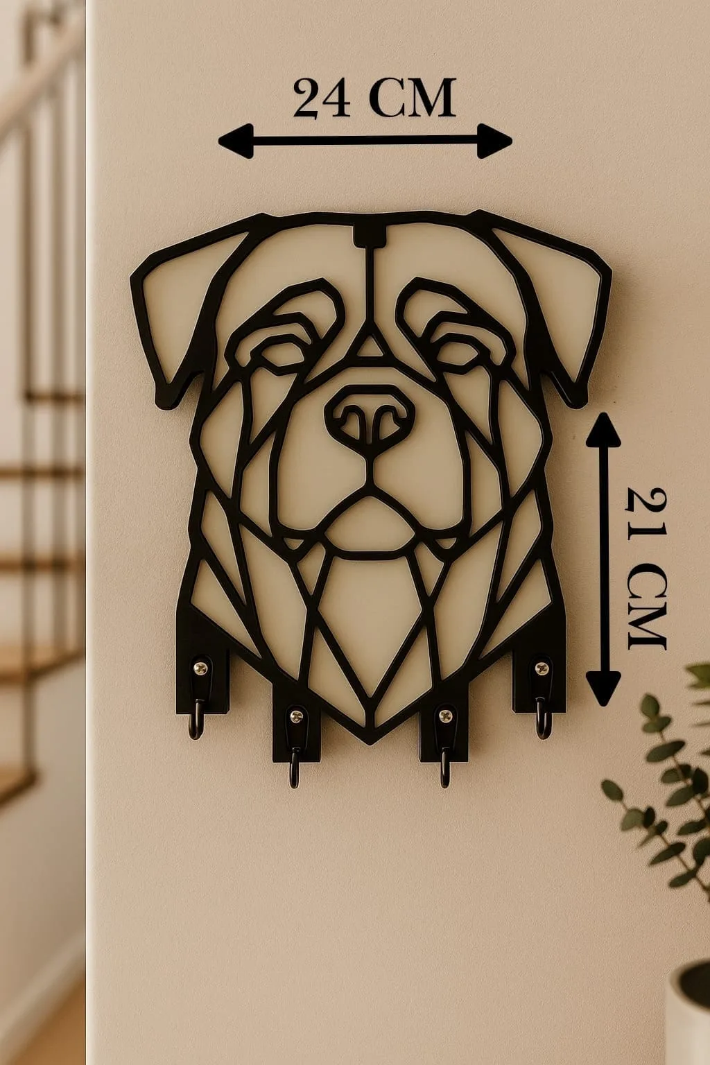 Siyah beyaz renkli, katmanlı ve boyutlu Rottweiler figürlü MDF duvar anahtarlık askısı, çok kancalı dekoratif organizer