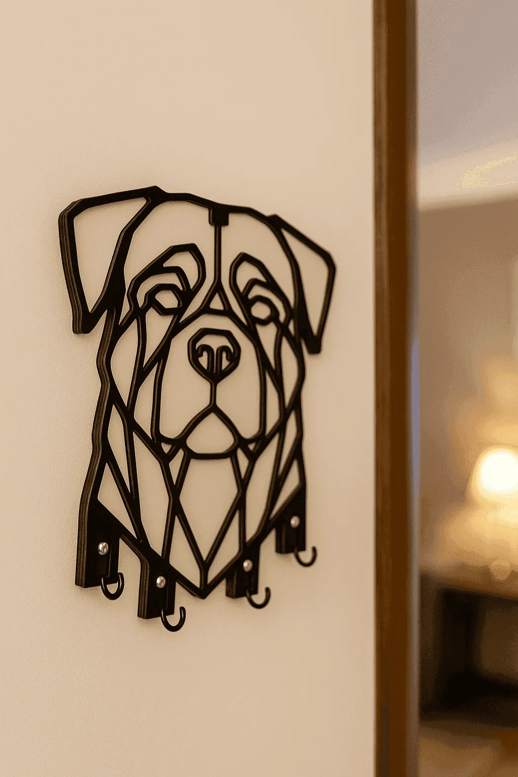 Duvara monte edilmiş Rottweiler köpek figürlü siyah MDF anahtarlık askılığı, çok kancalı dekoratif duvar organizeri