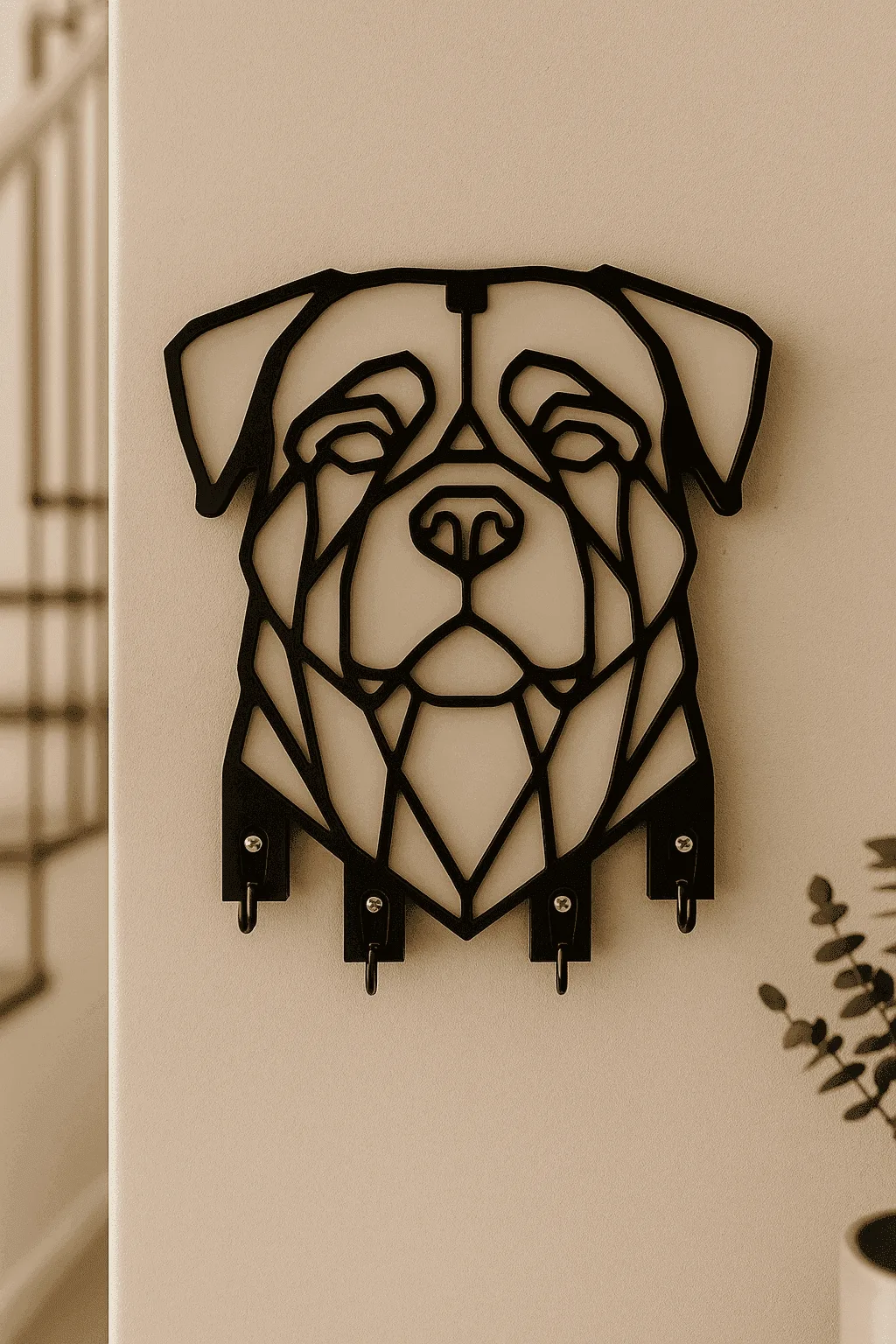 Rottweiler köpek figürlü siyah MDF duvar anahtarlık askılığı, çok kancalı dekoratif anahtar tutucu