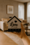 Siyah beyaz MDF ev şeklinde anahtarlık askısı Love At Home yazılı dekoratif duvar anahtarlığı