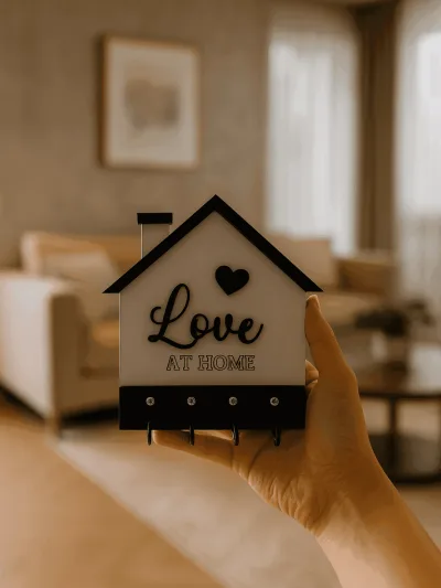 Siyah beyaz MDF ev şeklinde anahtarlık askısı Love At Home yazılı dekoratif duvar anahtarlığı