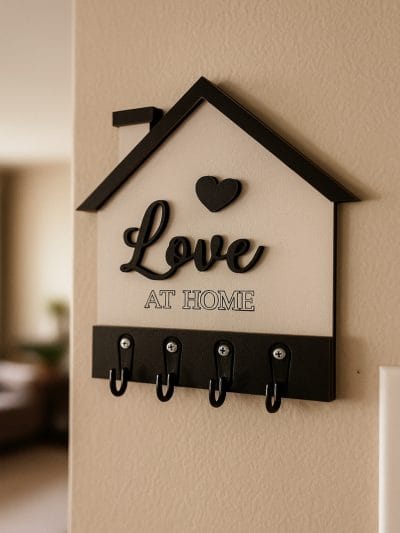 Love At Home yazılı siyah beyaz MDF ev tasarımlı duvar anahtarlık askısı 4 kancalı