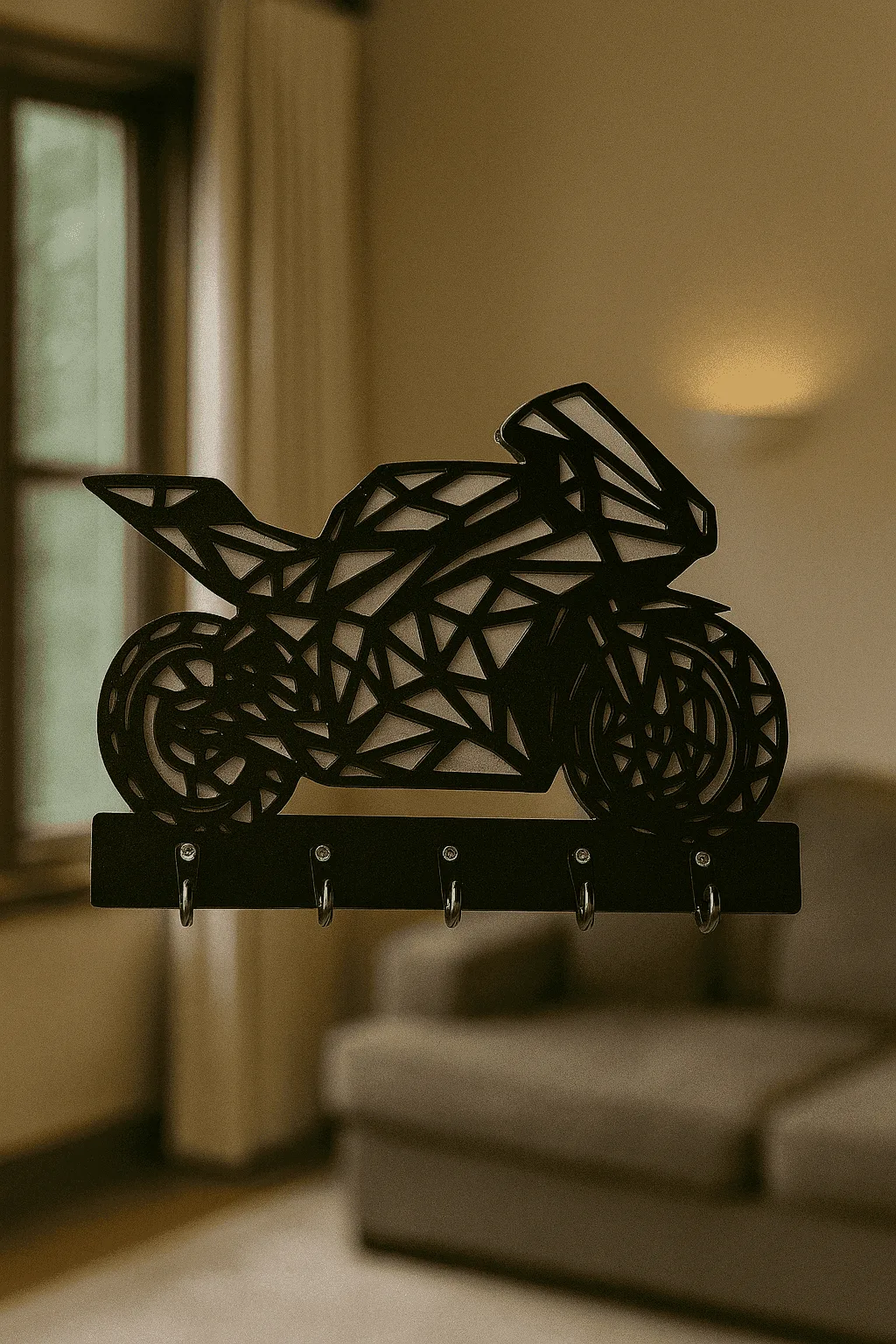 geometrik motosiklet tasarımlı siyah MDF anahtarlık askısı, 5 kancalı dekoratif duvar organizeri