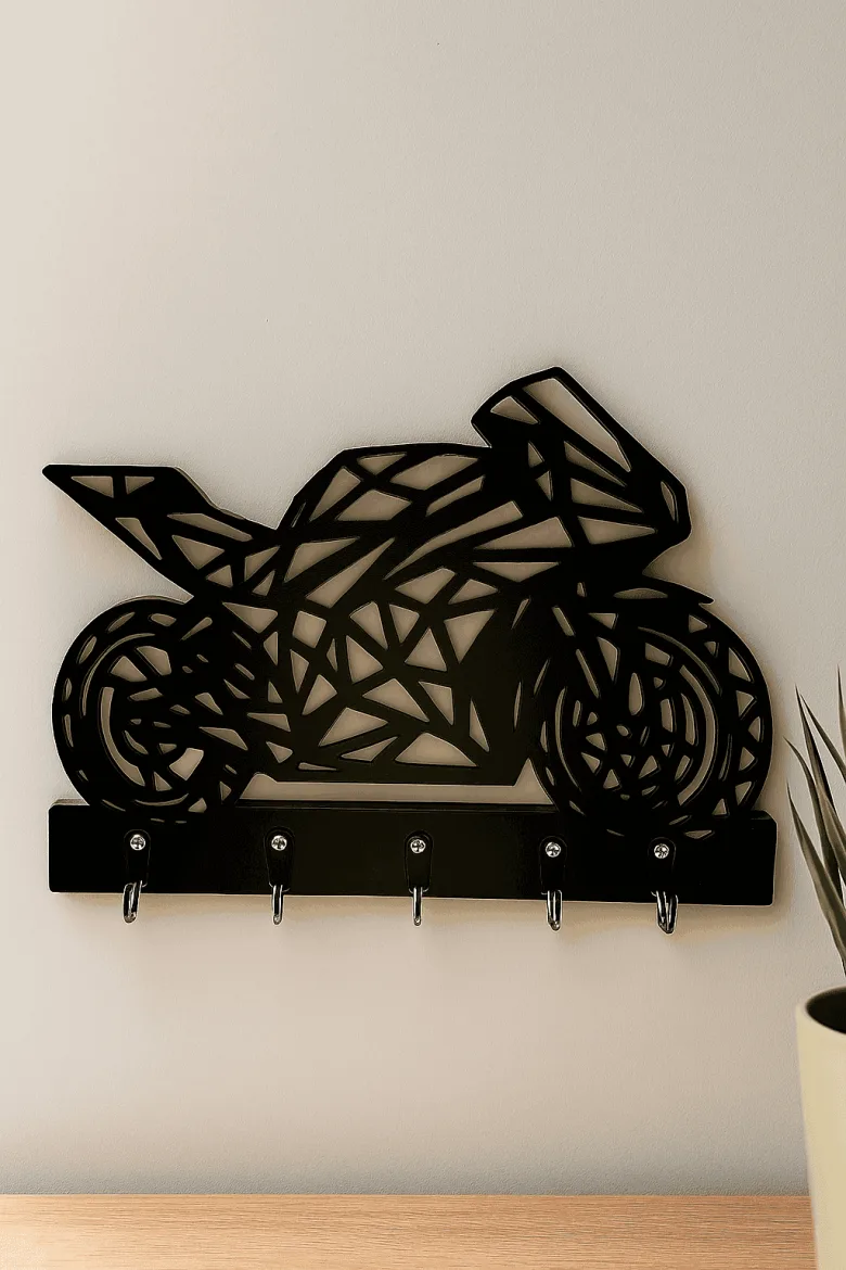 Duvara monte edilmiş geometrik motosiklet tasarımlı siyah MDF anahtarlık askısı, 5 kancalı dekoratif duvar organizeri