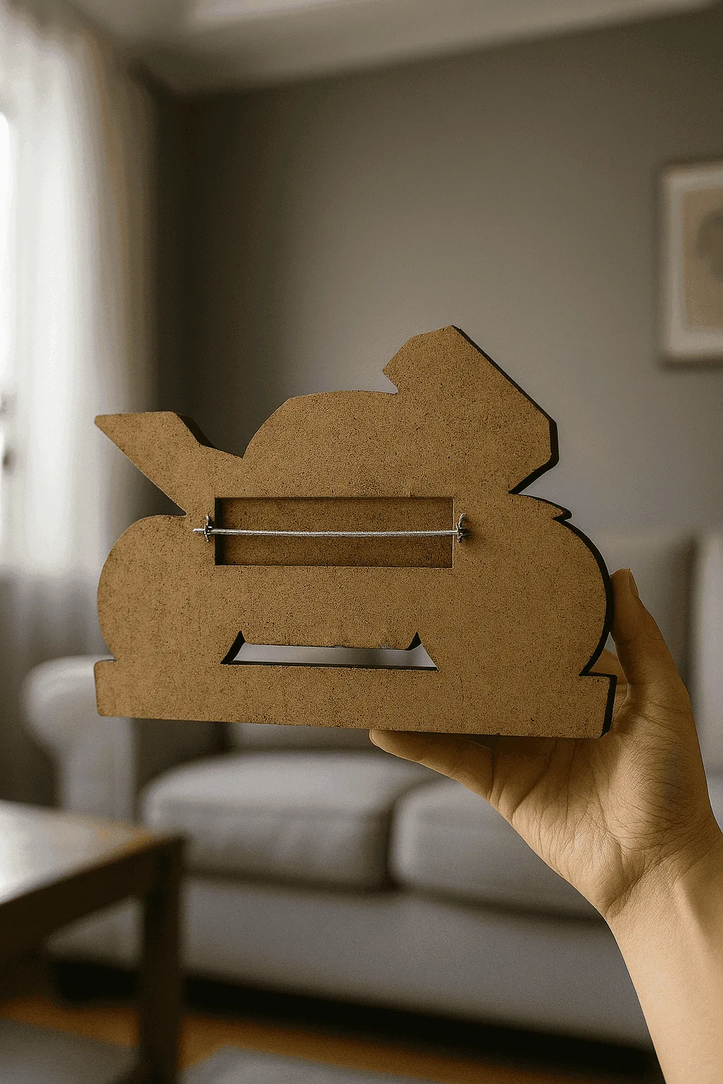 Elde tutulan, geometrik tasarıma sahip motosiklet arka kısmı formunda siyah mdf duvar anahtarlığı, alt bölümünde çoklu kancalar bulunan dekoratif askı.