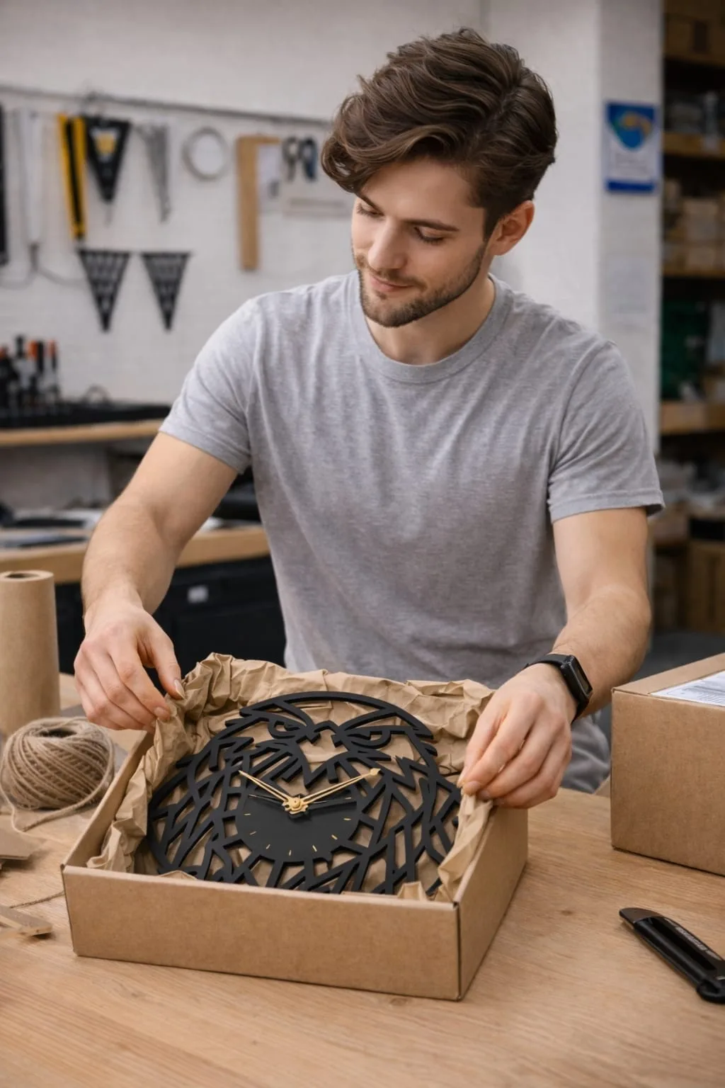 El yapımı MDF dekoratif duvar saatini kutulayan atölyede çalışan usta