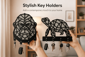 Geometrik goril ve kaplumbağa figürlü el yapımı MDF duvar anahtarlıkları